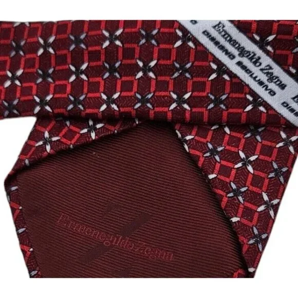 ERMENEGILDO ZEGNA Men's 100% Silk Necktie LUXURY Tie XL Red Geometric W:3.7" EUC
